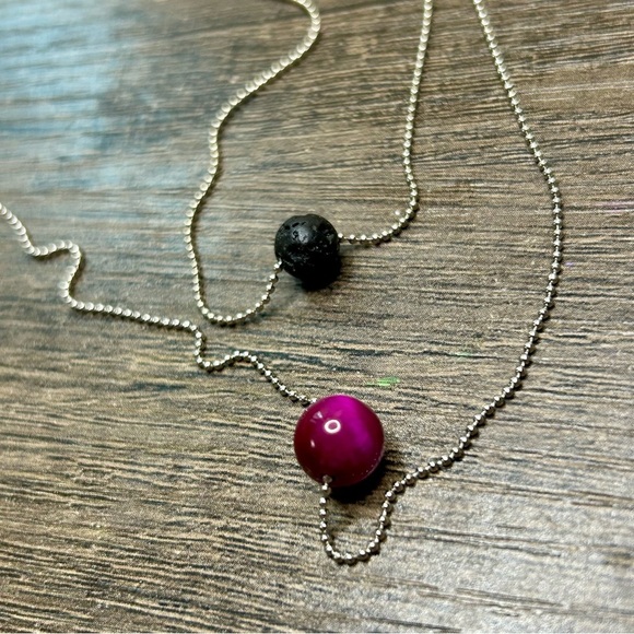 Silver Tone Iron Chain Lava Rock And Pink Tigers Eye Diffuser Necklace - Picture 2 of 4